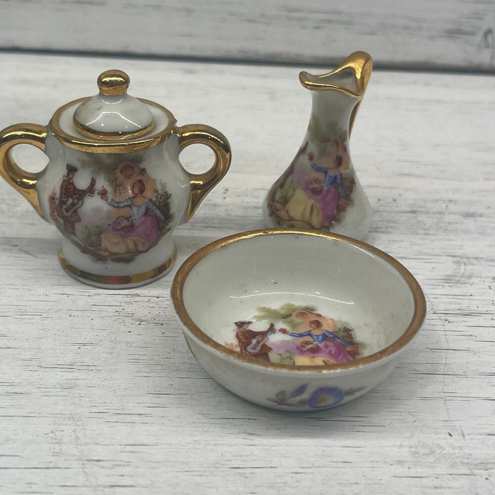 Vintage Limoges France Miniature Tea Set 3pc - Gold Trim Romantic Courting
